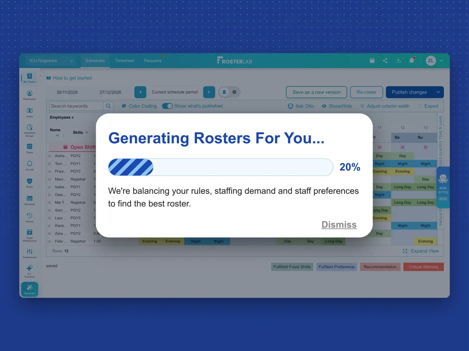 RosterLab generating schedules, balancing rules, staffing demand and staff preferences