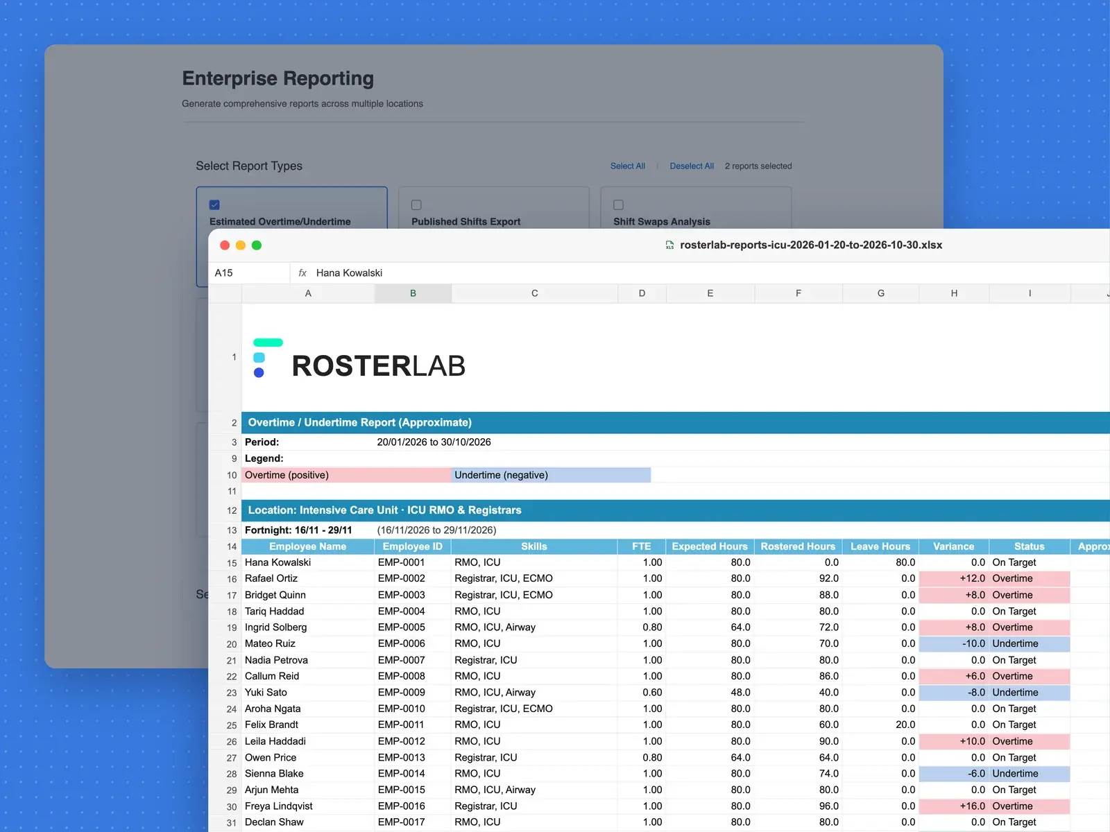 RosterLab enterprise reporting with an exported overtime and undertime report