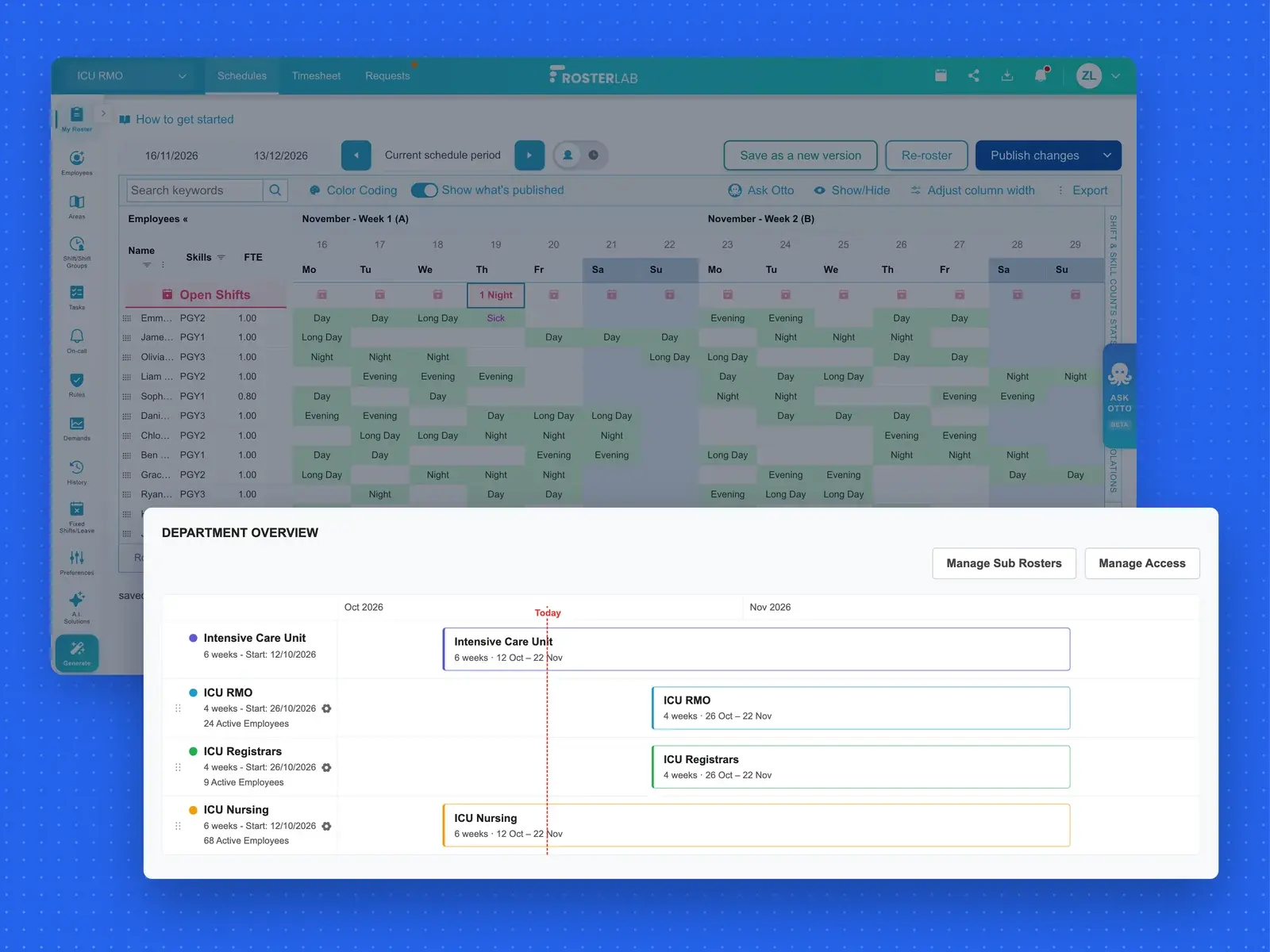 A department schedule in RosterLab with an overview of its ICU sub-schedules