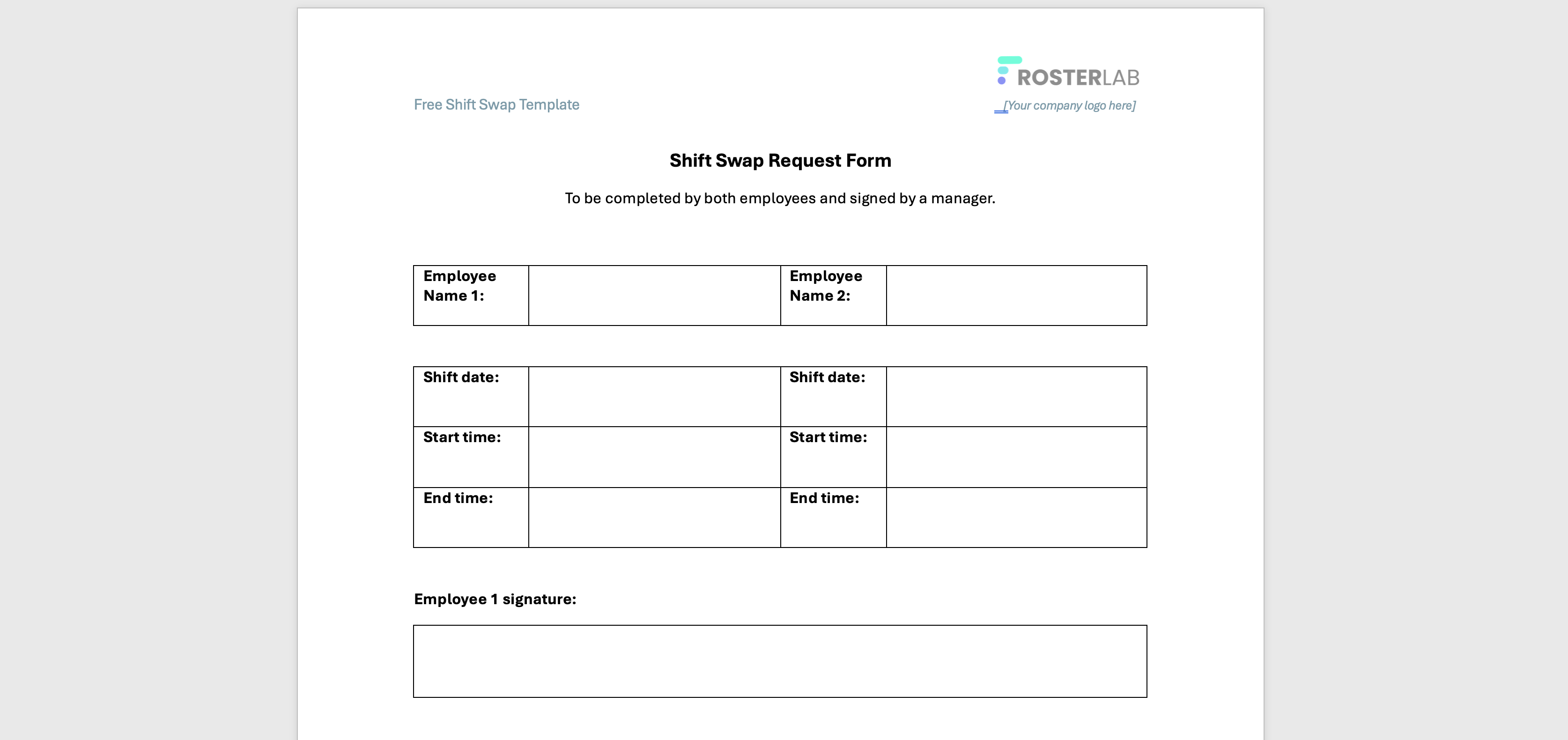 Shift swap template preview showing request form with employee details, shift information, and approval sections