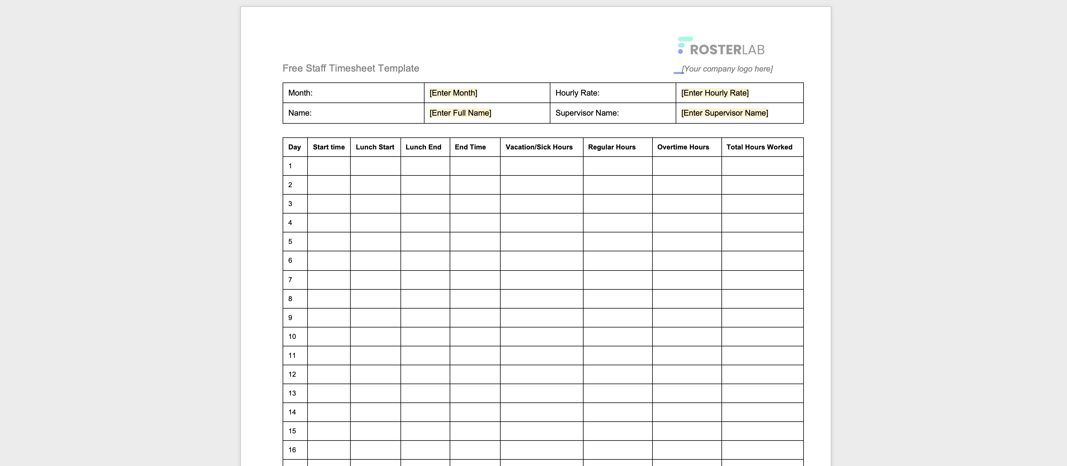 Excel timesheet template preview showing daily time tracking with automatic calculations