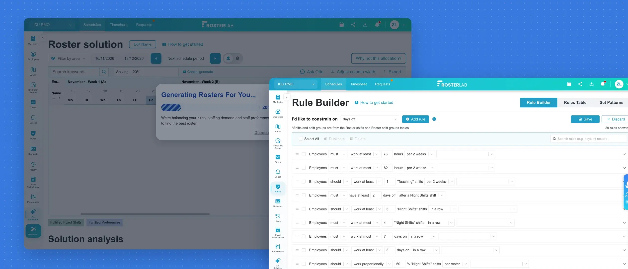 The RosterLab Rule Builder listing hours, night-shift and days-off rules, in front of a roster being generated from them