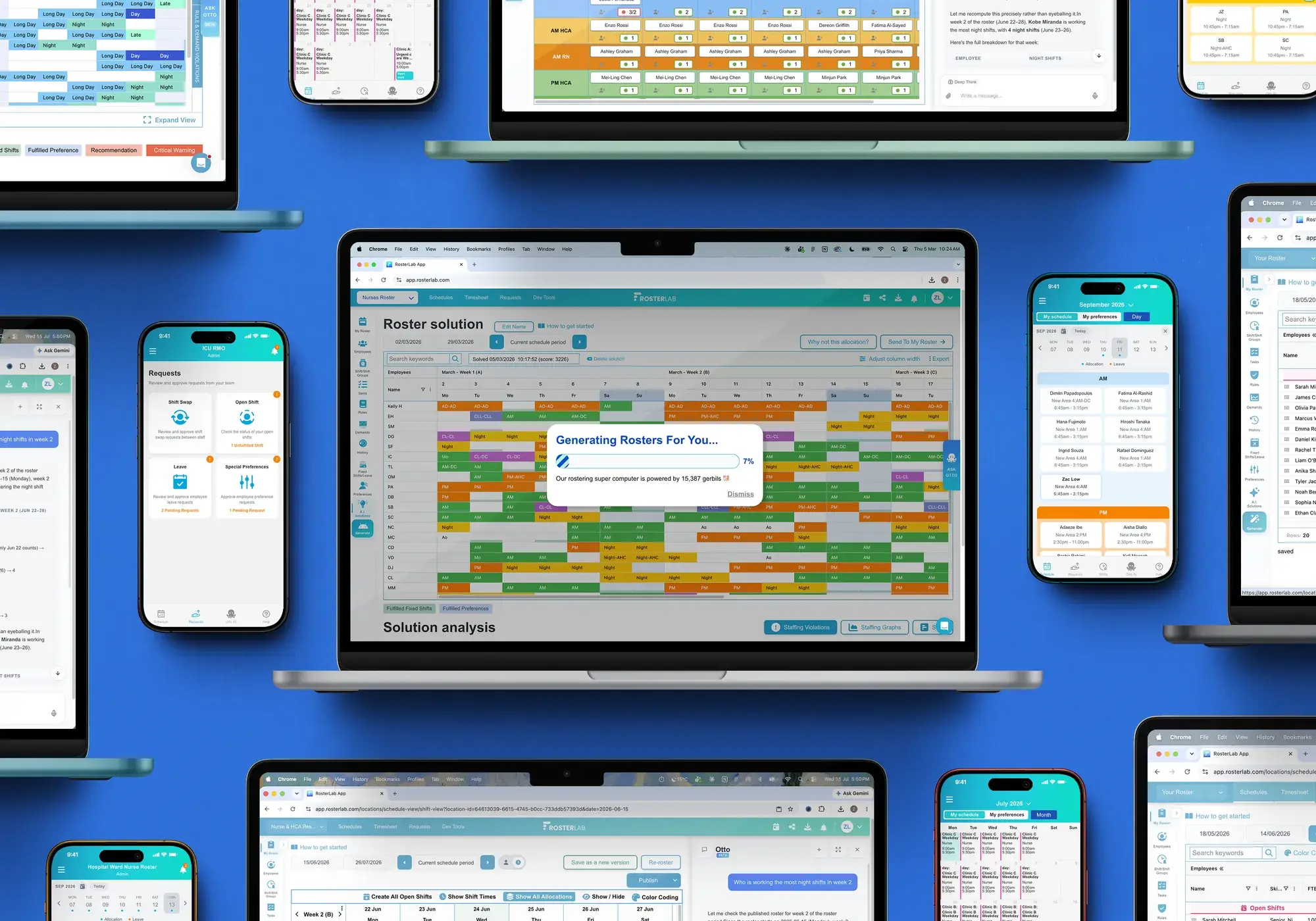 The RosterLab app on laptops, tablets and phones: schedule solutions, staff requests and the Otto AI assistant