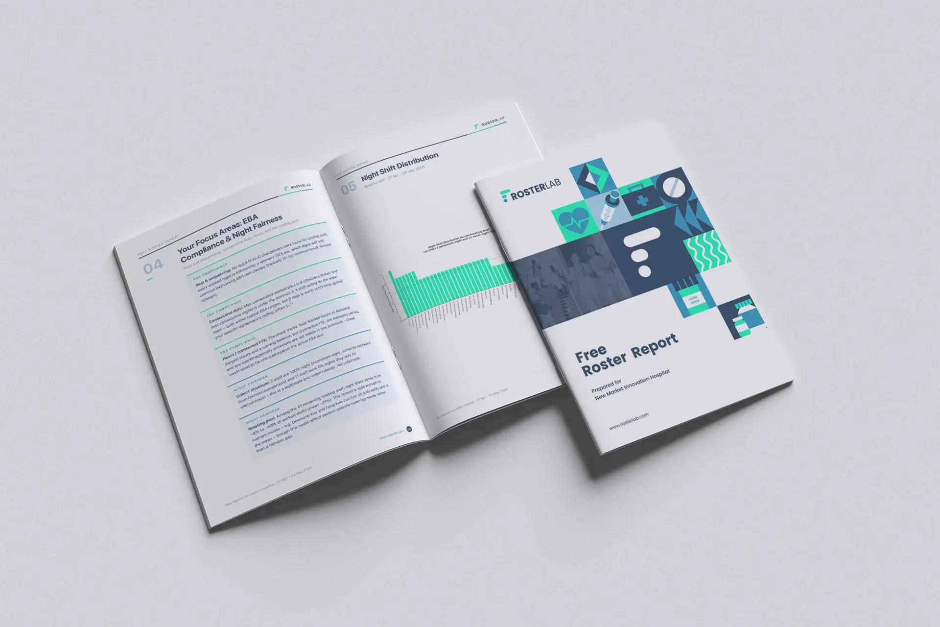 Printed free roster report open to the EBA compliance and night shift distribution pages, next to the report cover