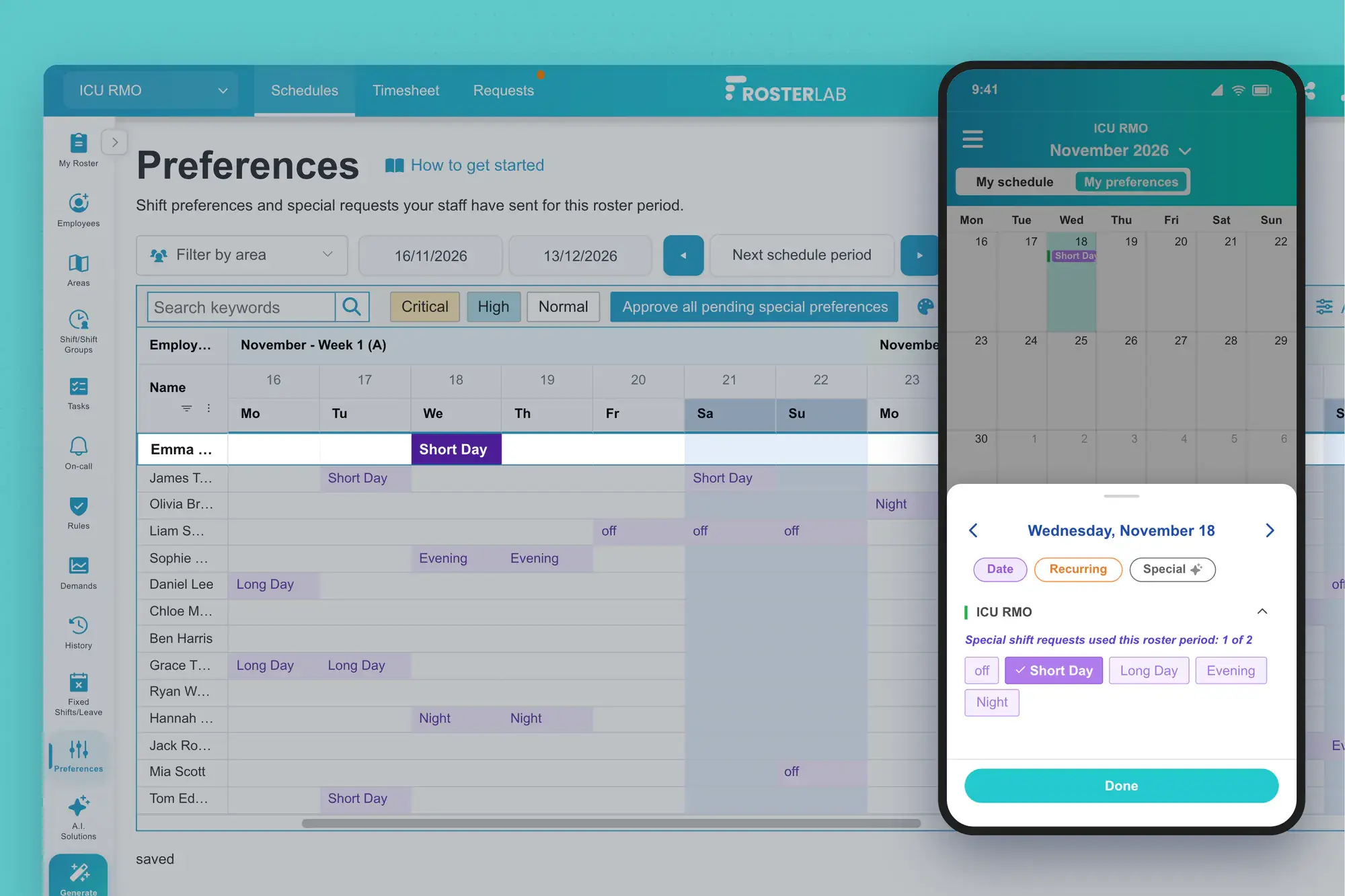 A staff member picks a Short Day preference in the RosterLab app and it appears on the manager's Preferences view