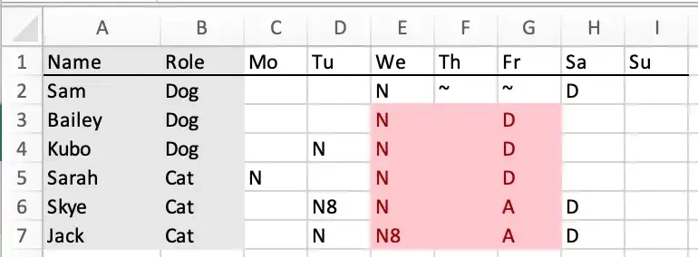 example night shift roster