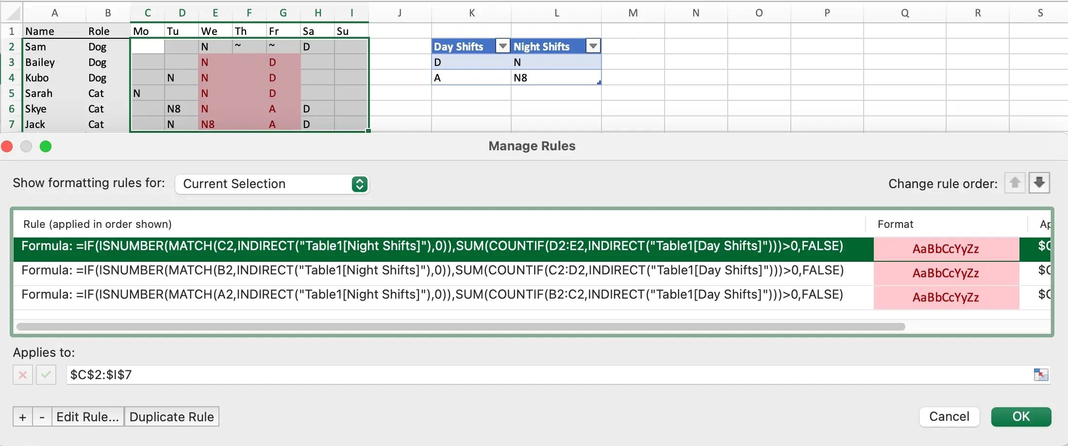 excel table - managing rules