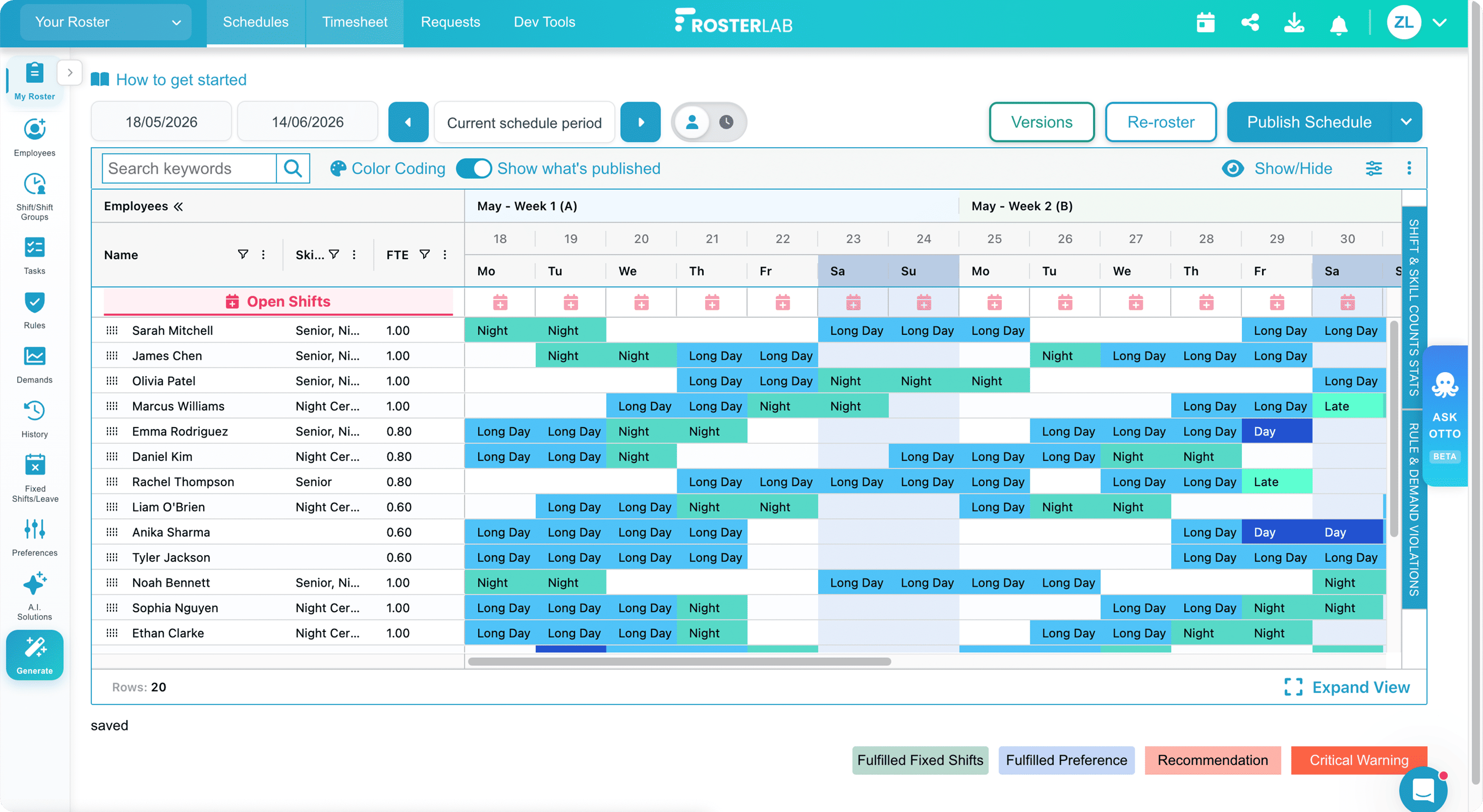 AI-generated staff roster in RosterLab showing assigned day, night and long day shifts across a healthcare team