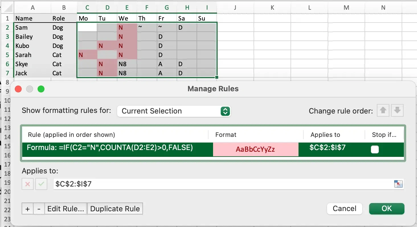 Excel formula in this example is: =IF(C2="N",COUNTA(D2:E2)>0,FALSE)